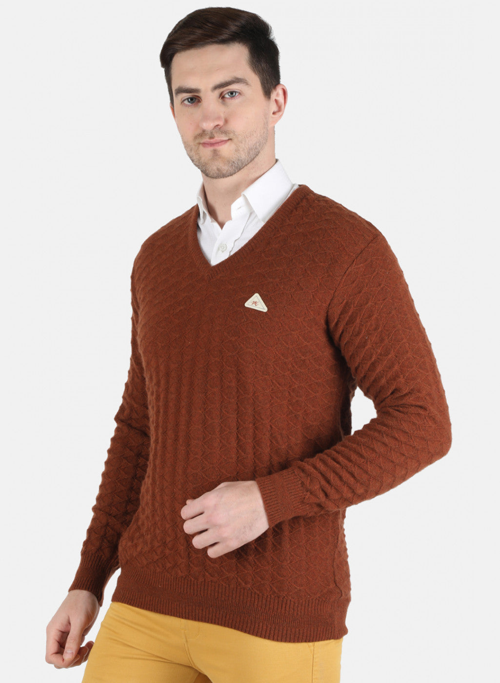 Men Brown Self Design Pullover