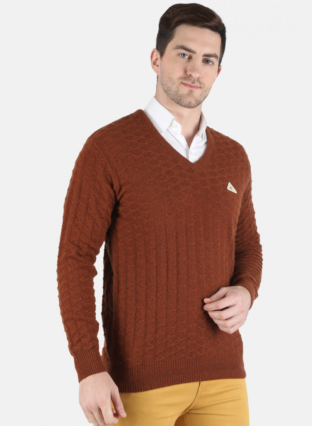 Men Brown Self Design Pullover