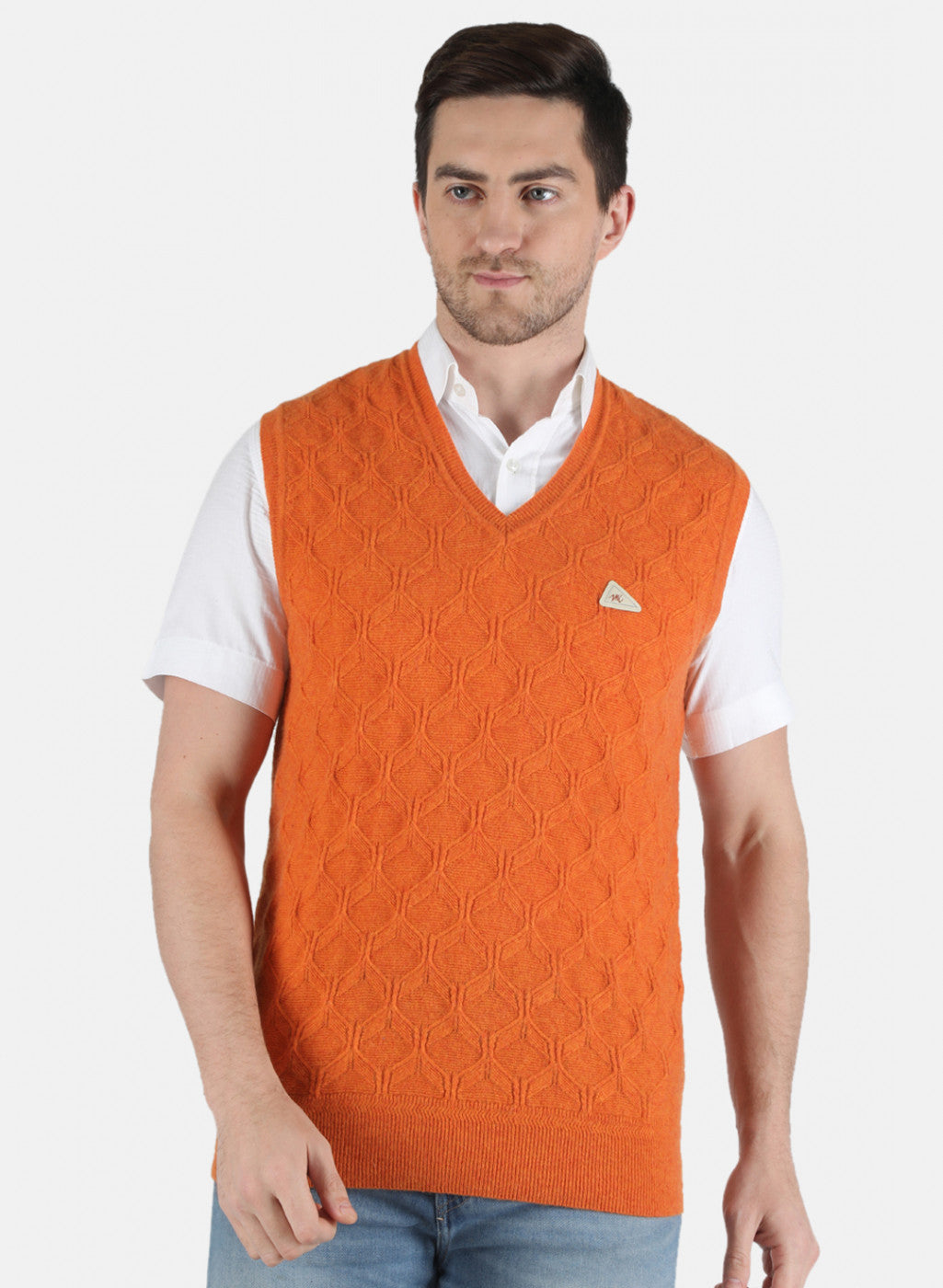 Men Orange Self Design Sweater