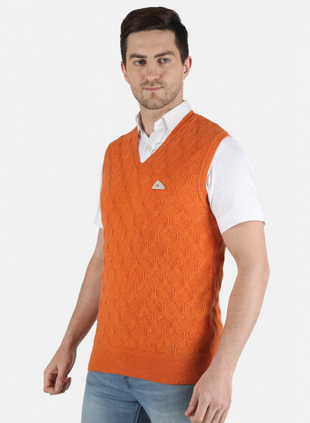 Men Orange Self Design Sweater