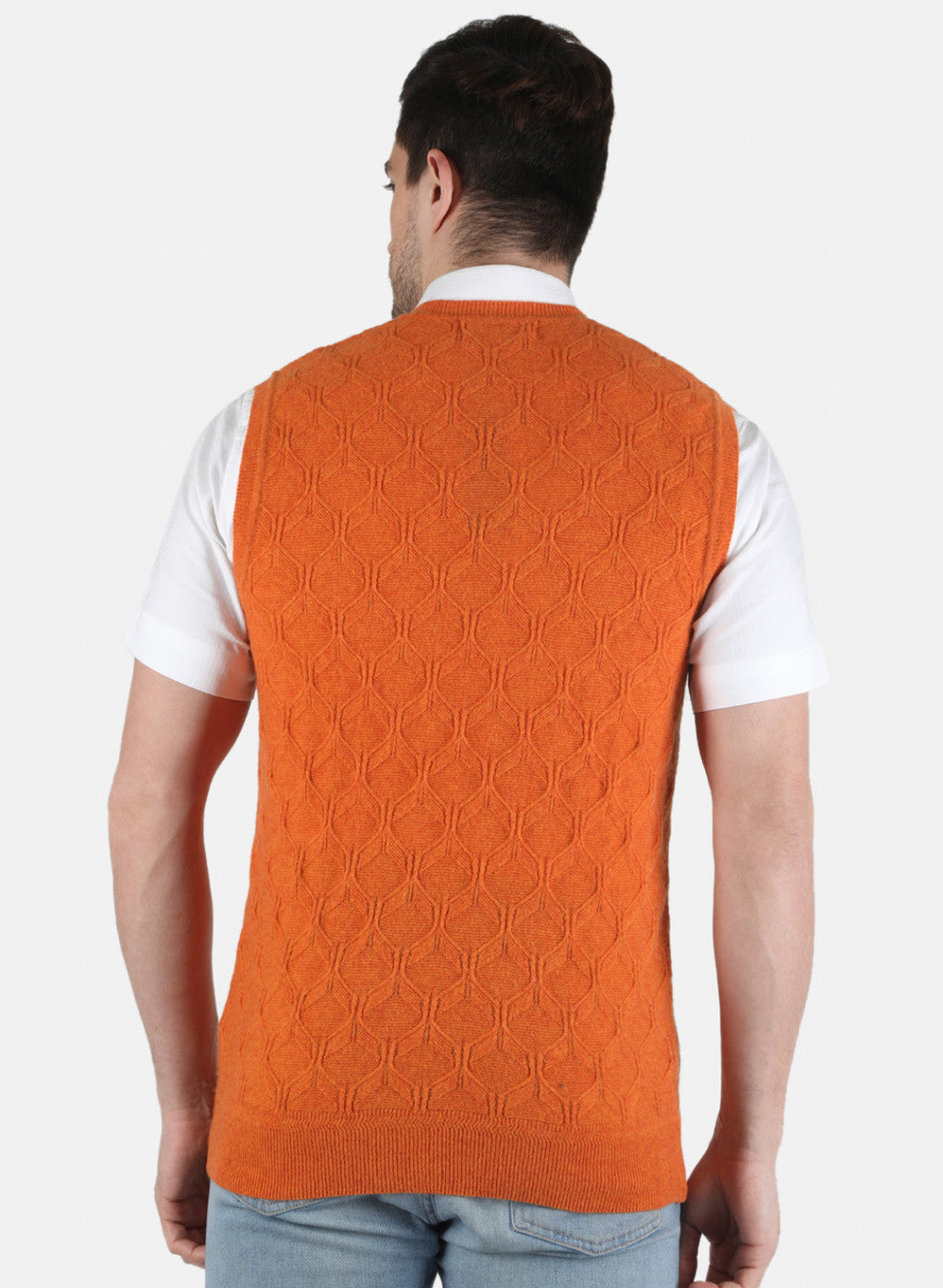 Men Orange Self Design Sweater