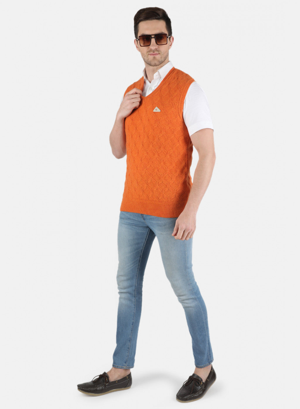 Men Orange Self Design Sweater