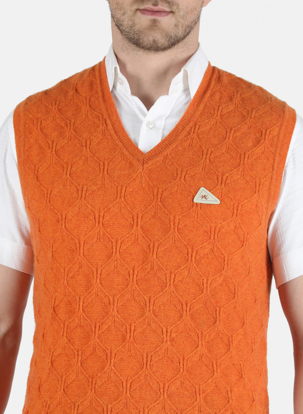 Men Orange Self Design Sweater