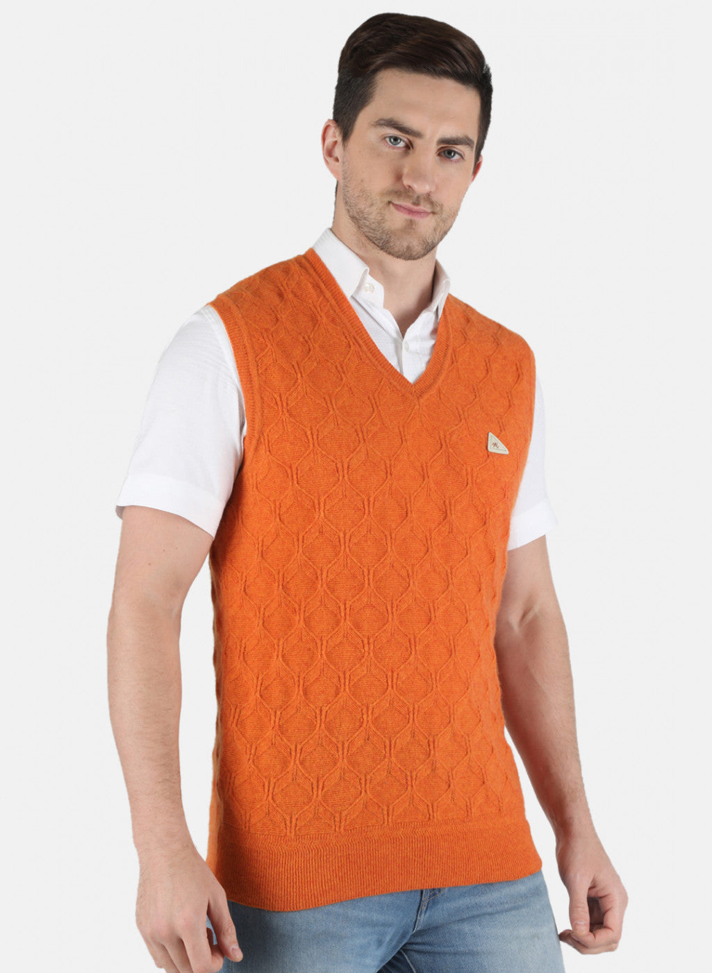 Men Orange Self Design Sweater