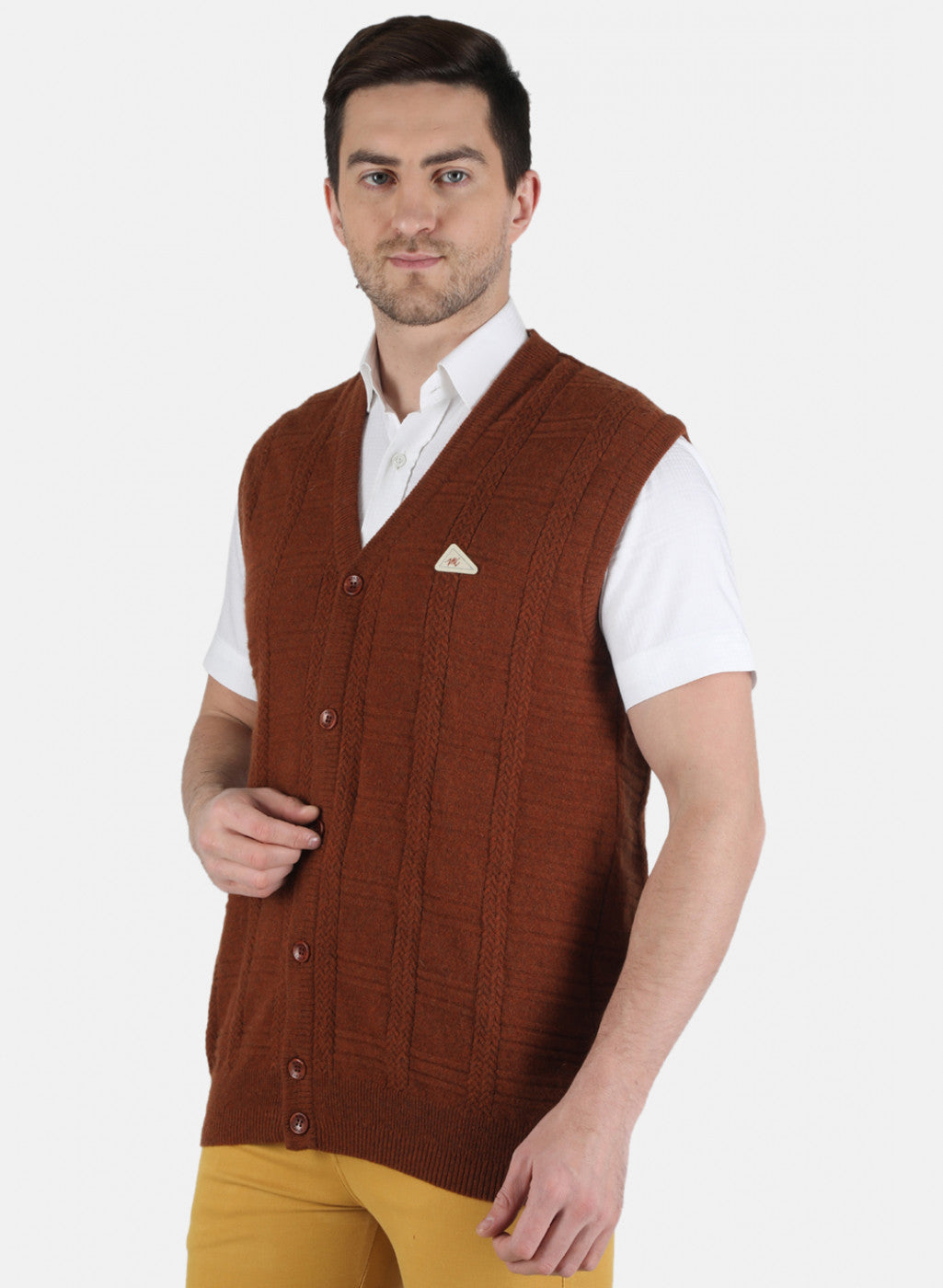 Men Brown Self Design Cardigan