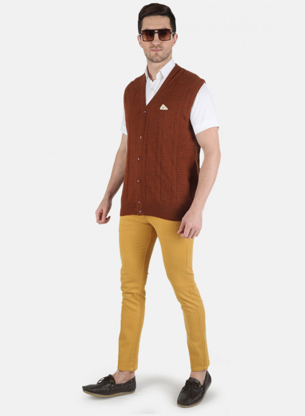 Men Brown Self Design Cardigan