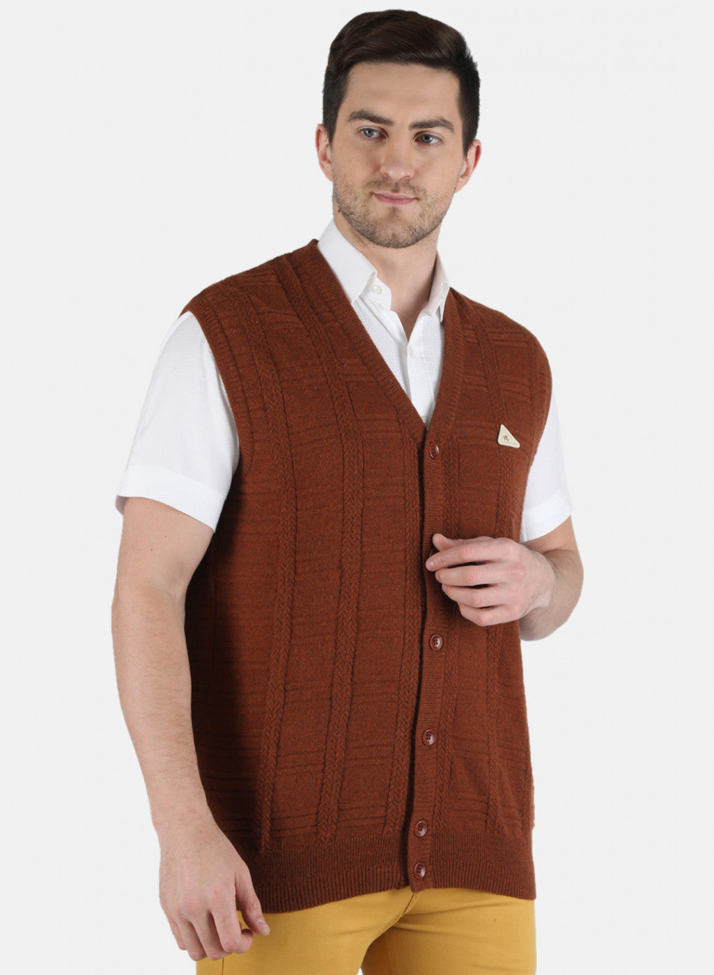 Men Brown Self Design Cardigan