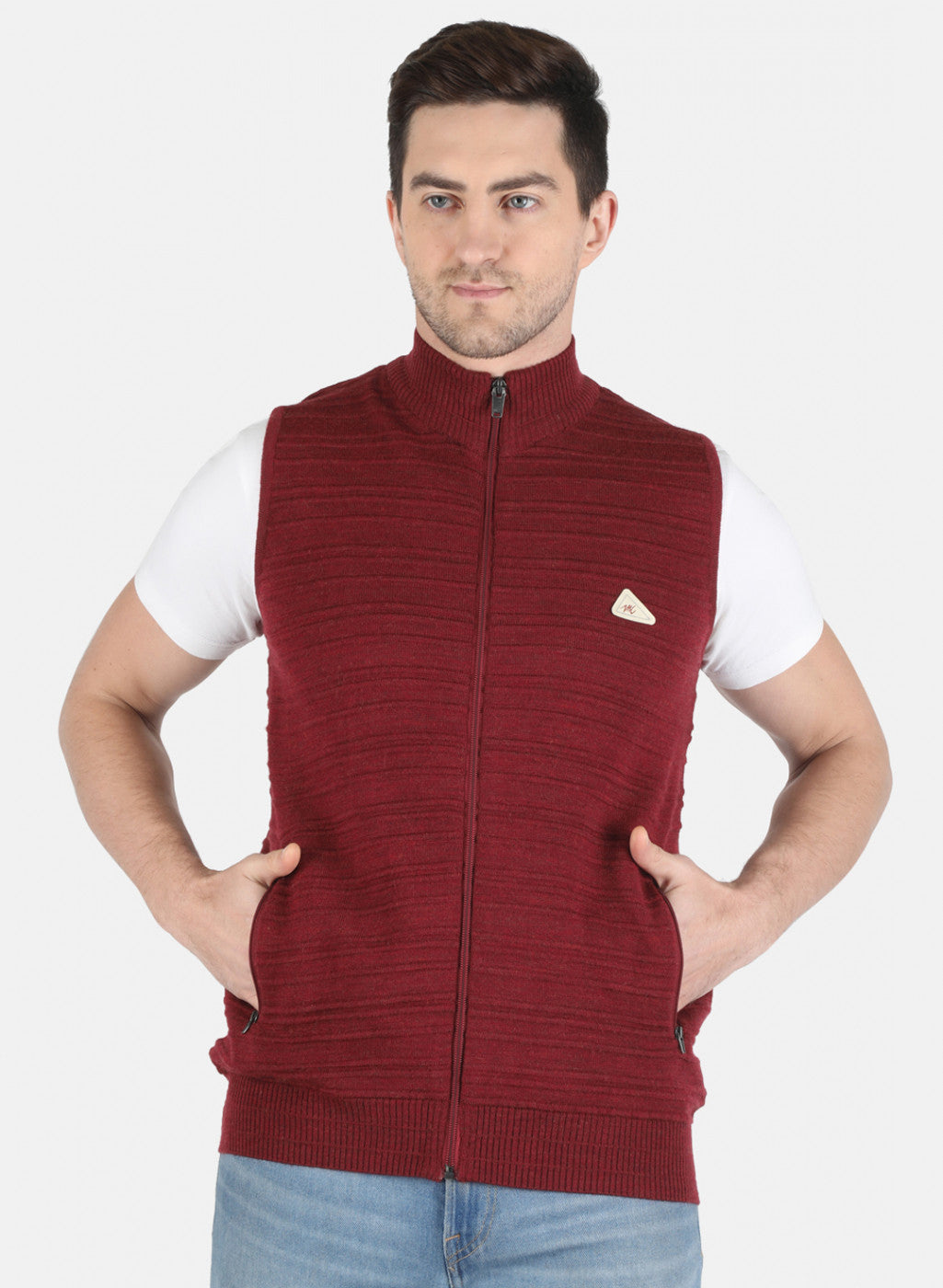 Men Maroon Self Design Pullover