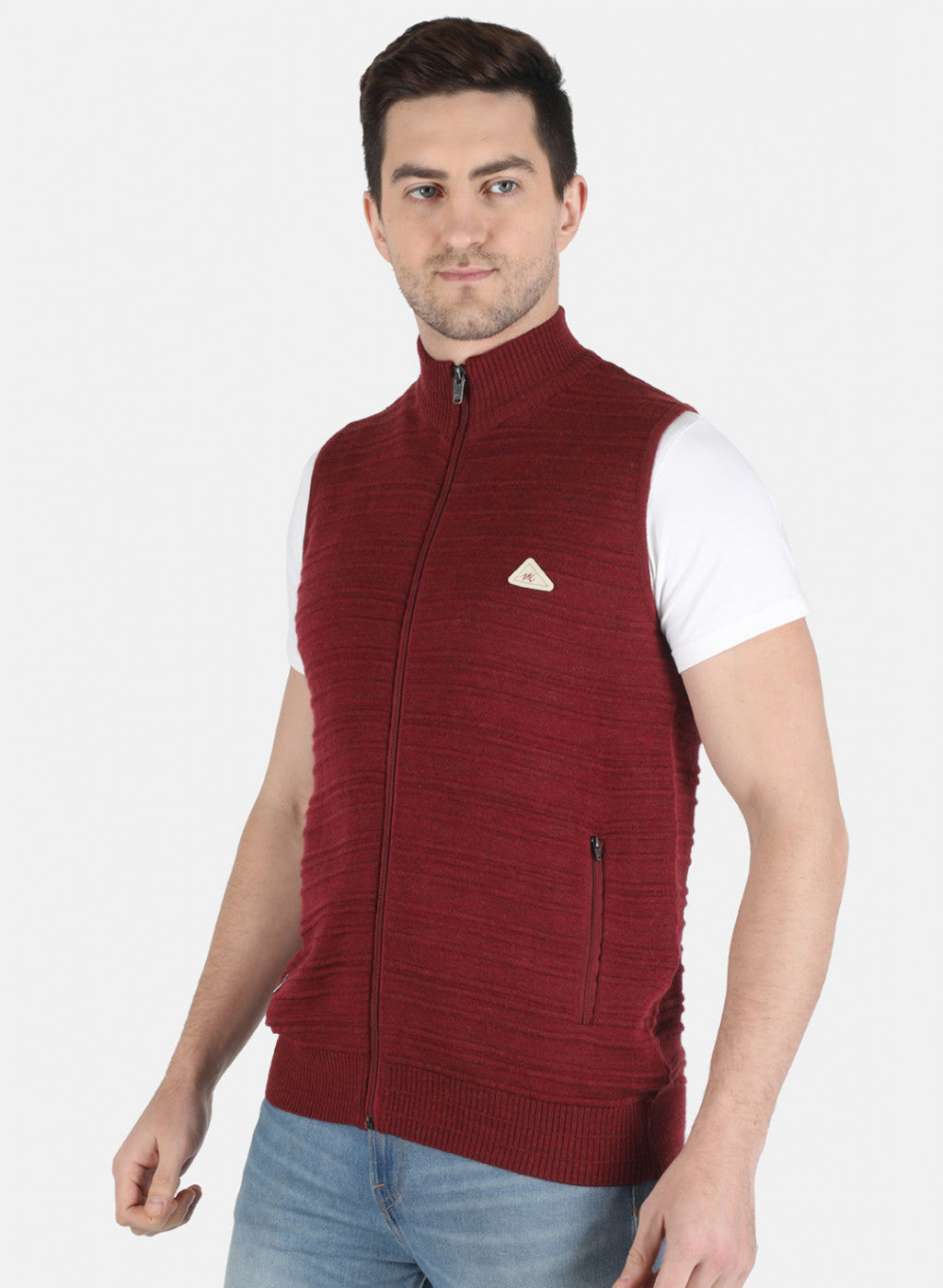 Men Maroon Self Design Pullover