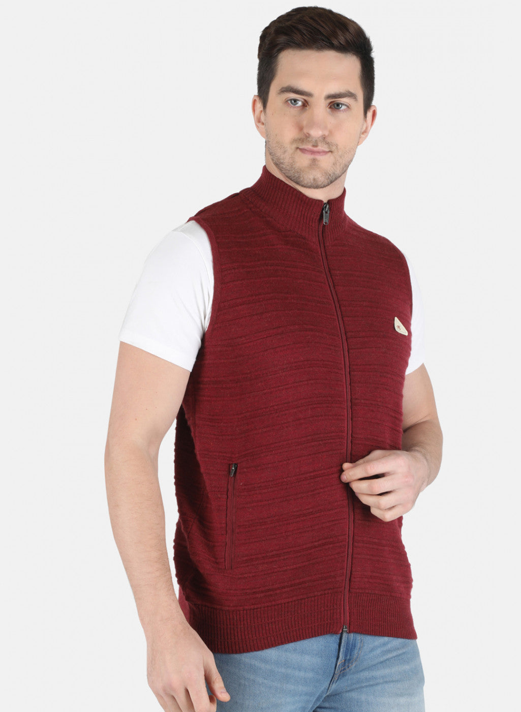 Men Maroon Self Design Pullover