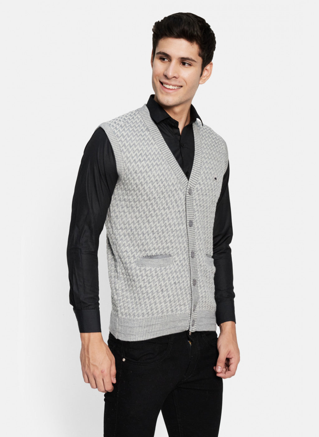 Men Grey Solid Cardigan