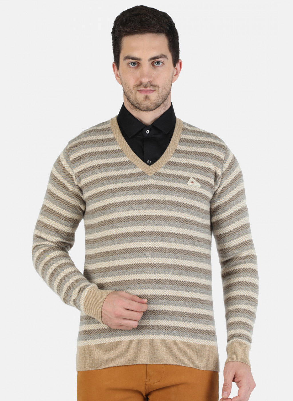 Men Beige Self Design Pullover