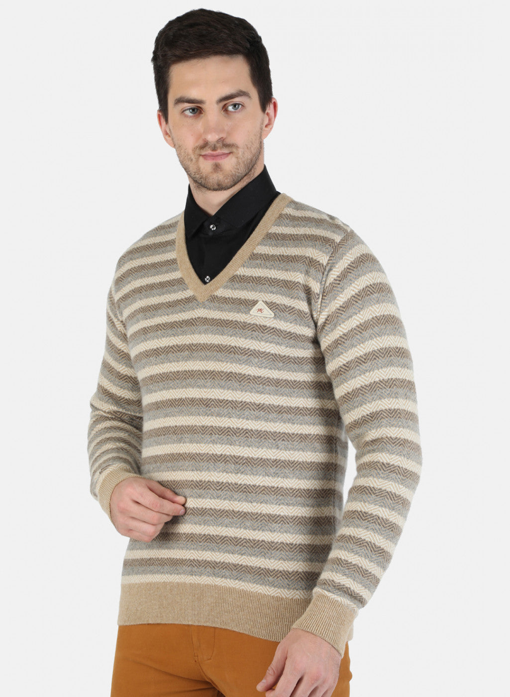 Men Beige Self Design Pullover