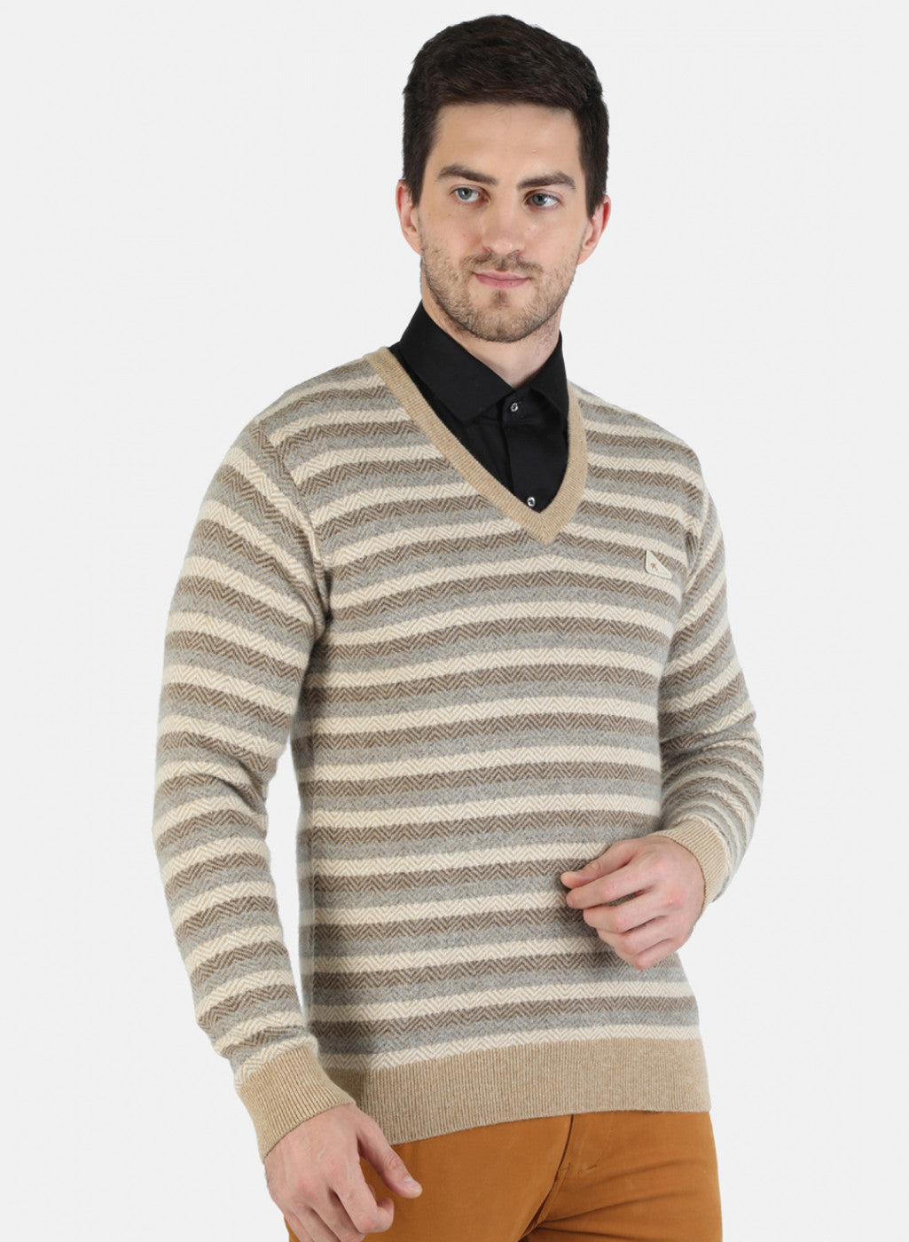 Men Beige Self Design Pullover