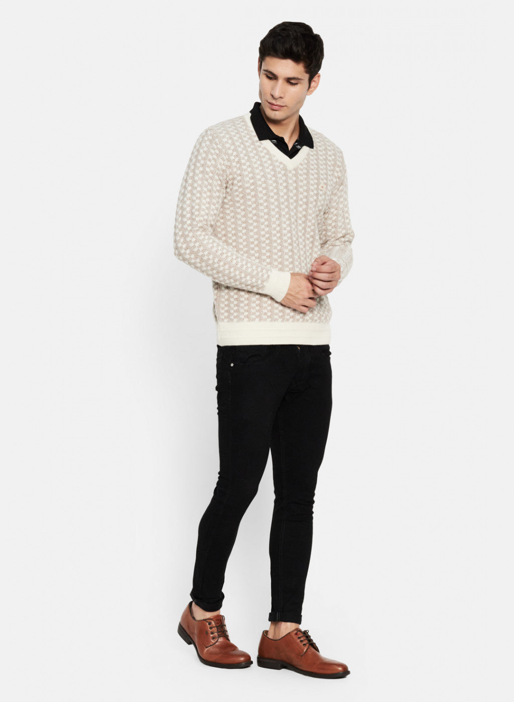 Men Off White Solid Pullover