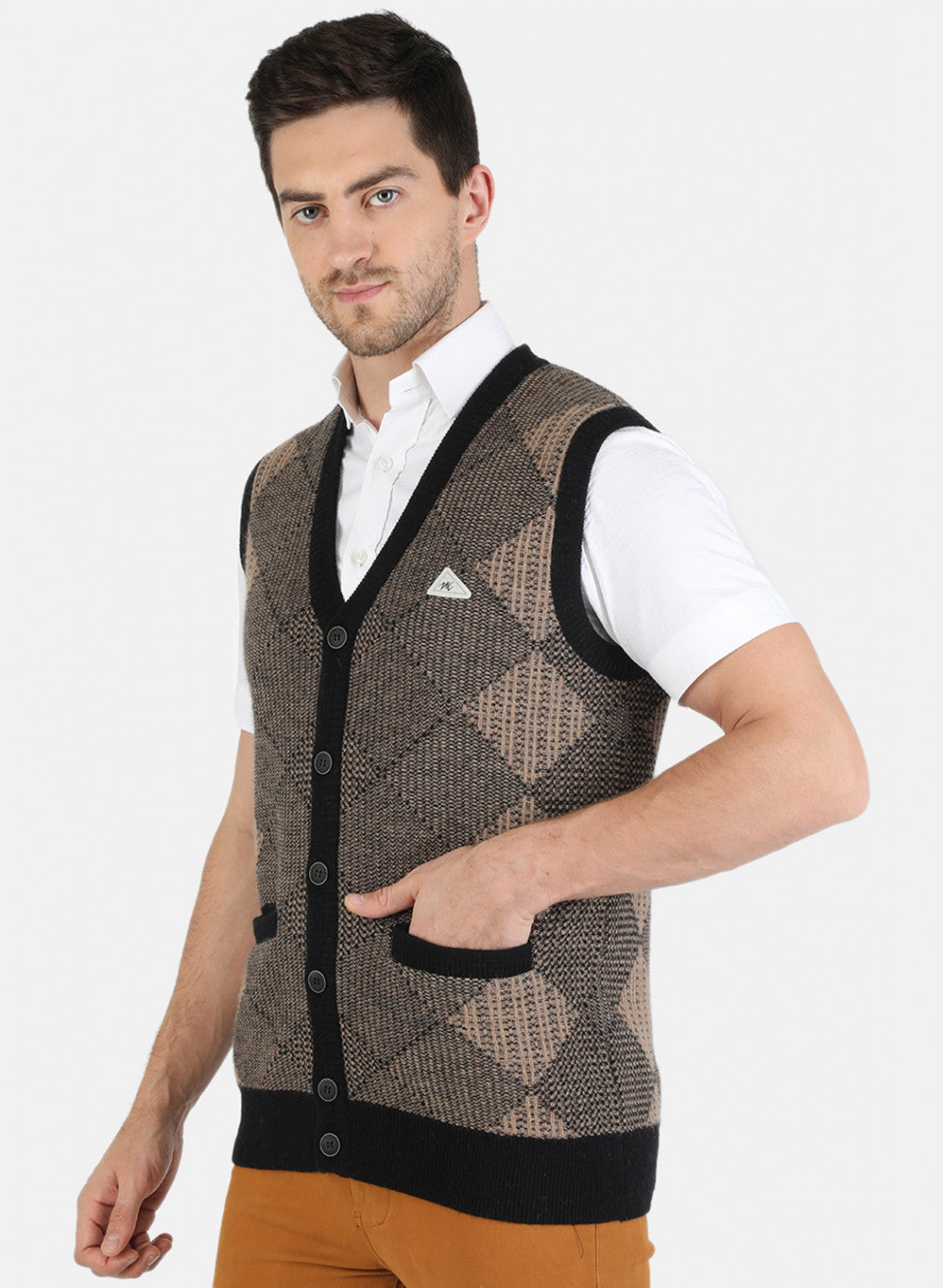 Men Brown Self Design Cardigan