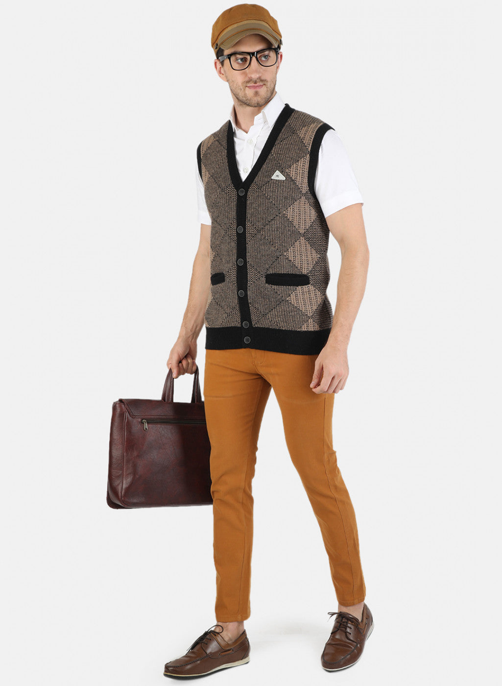 Men Brown Self Design Cardigan