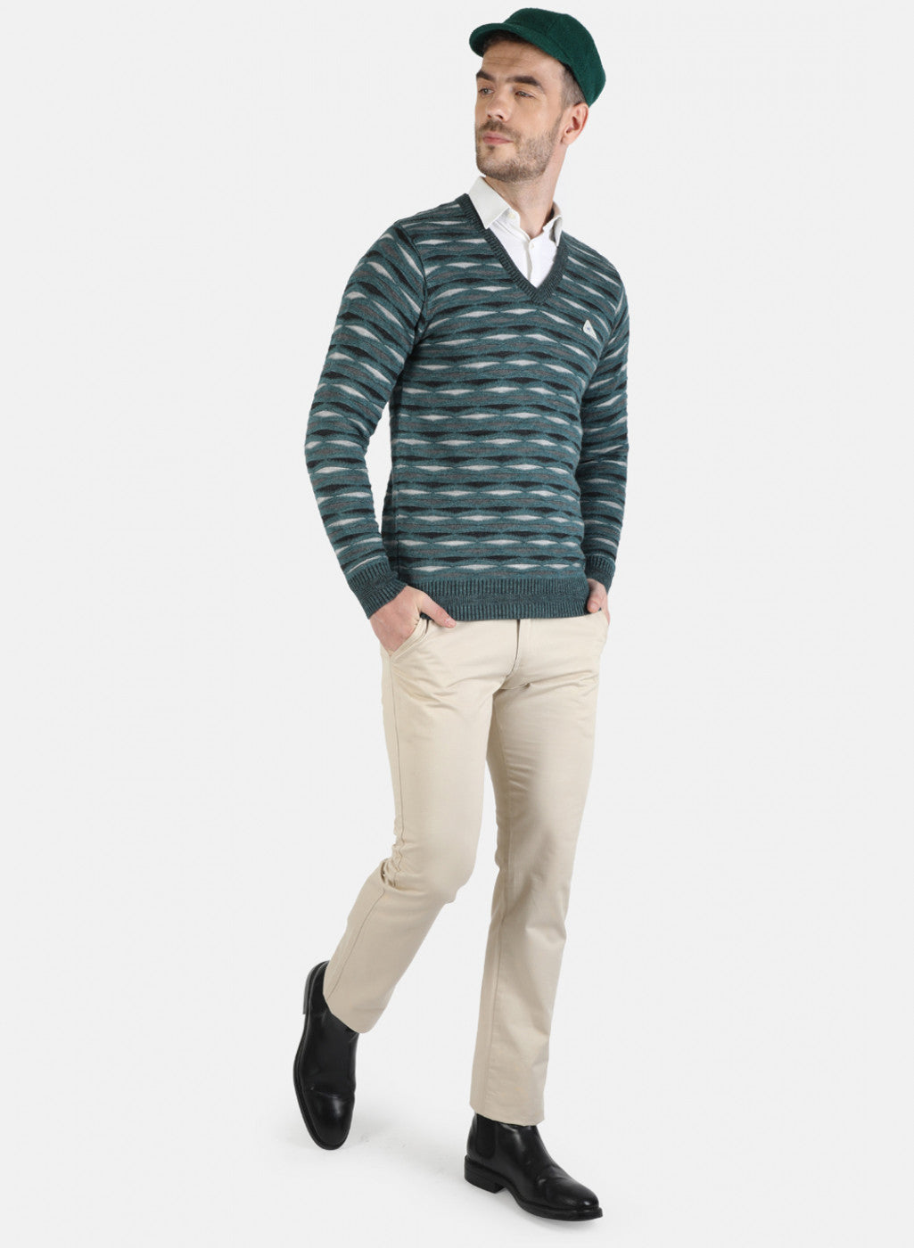 Men Green Self Pullover