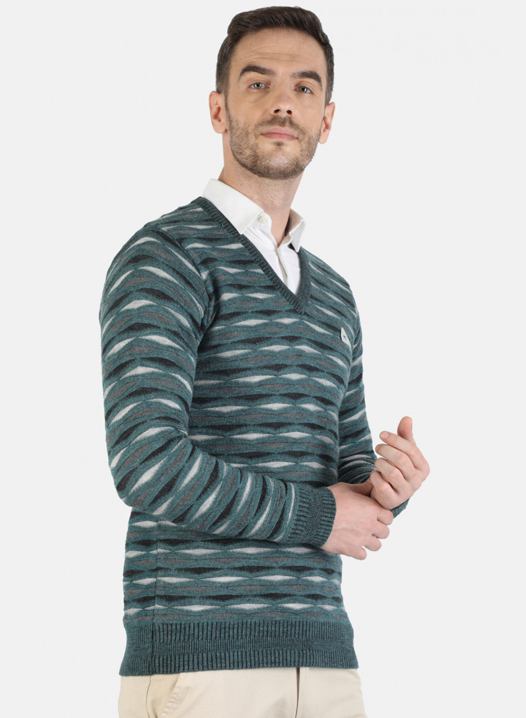 Men Green Self Pullover