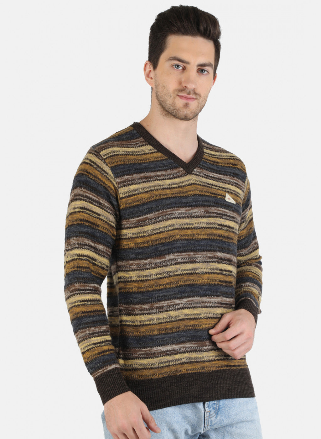 Men Brown Self Design Pullover