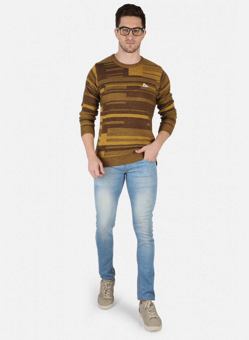 Men Mustard Self Design Pullover