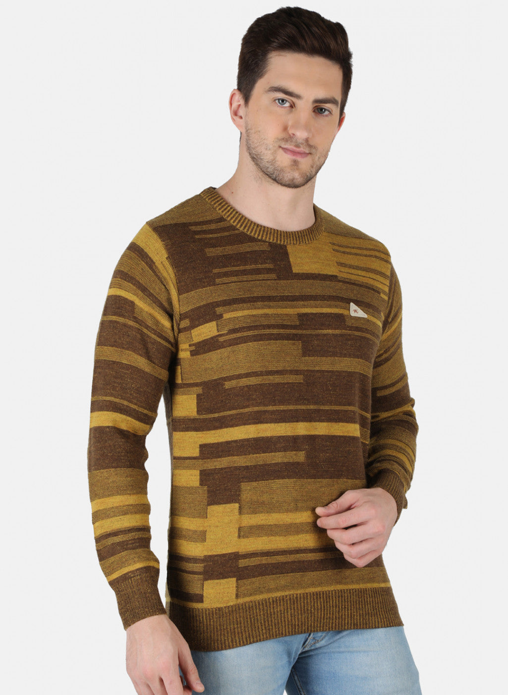 Men Mustard Self Design Pullover