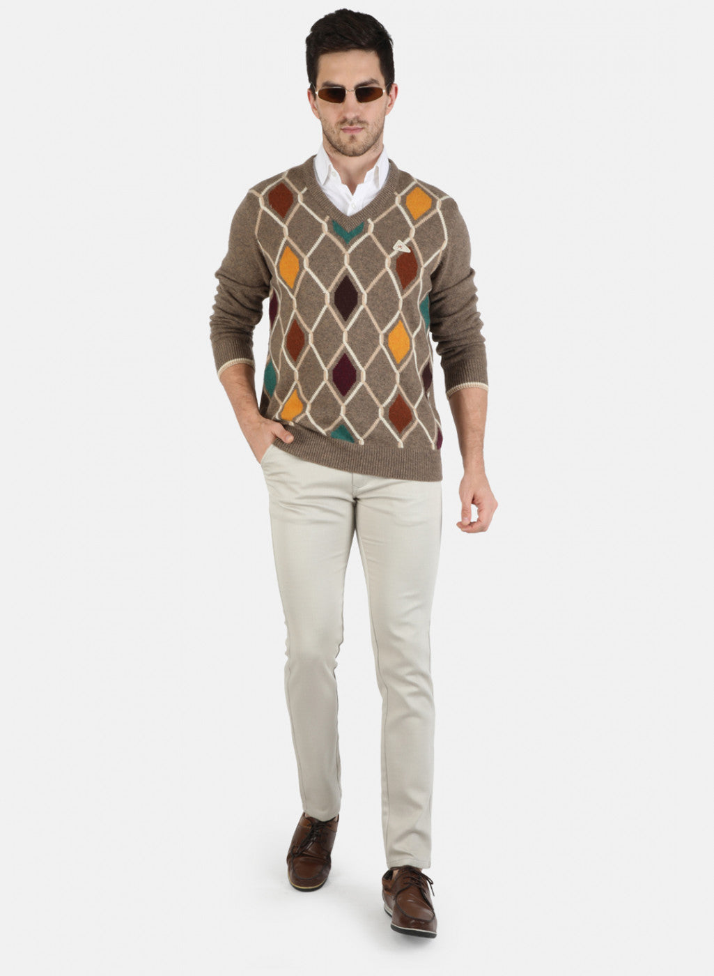 Men Brown Self Design Pullover