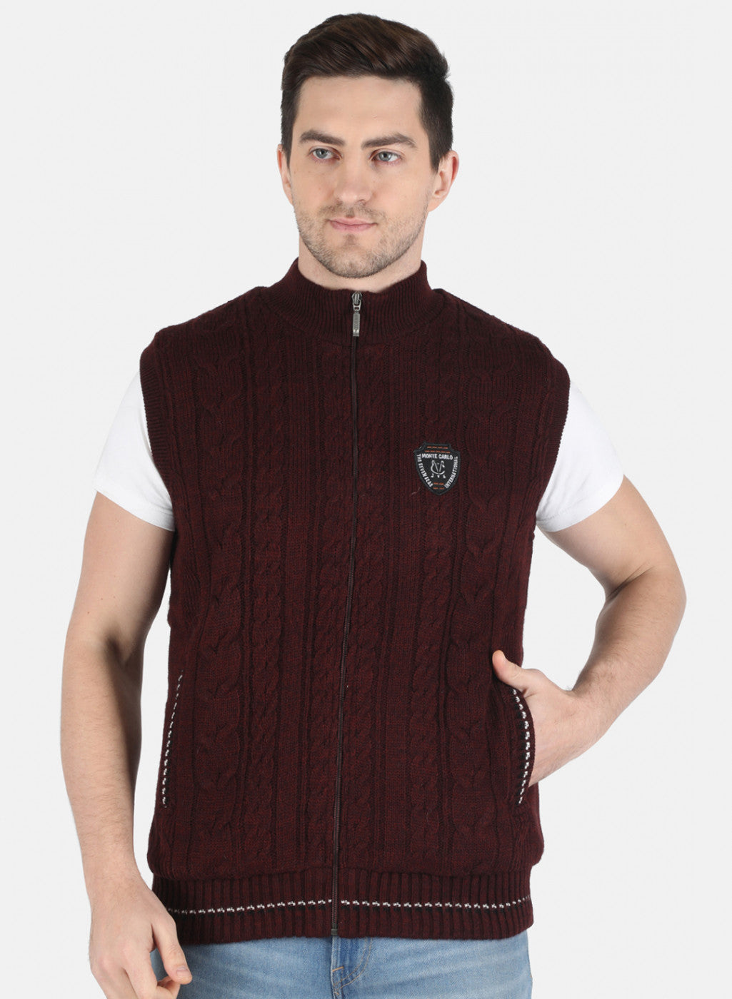 Men Maroon Self Design Jacket