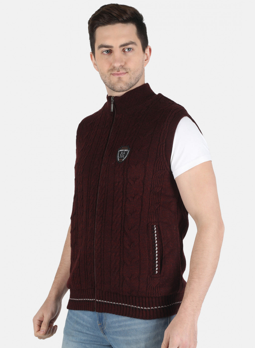 Men Maroon Self Design Jacket