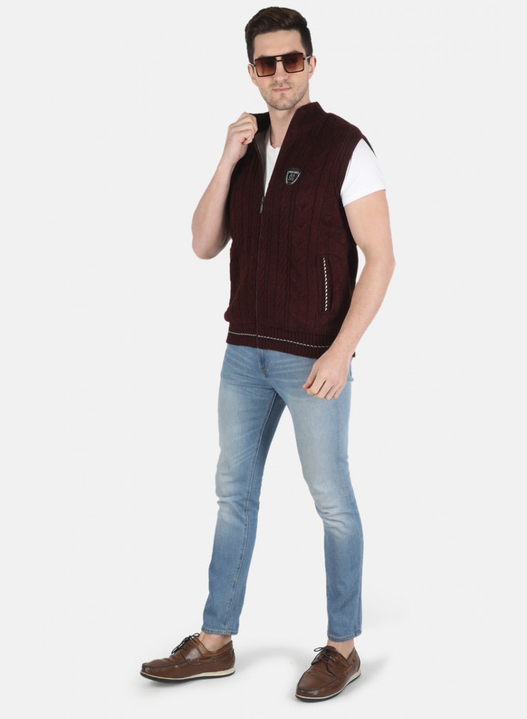 Men Maroon Self Design Jacket