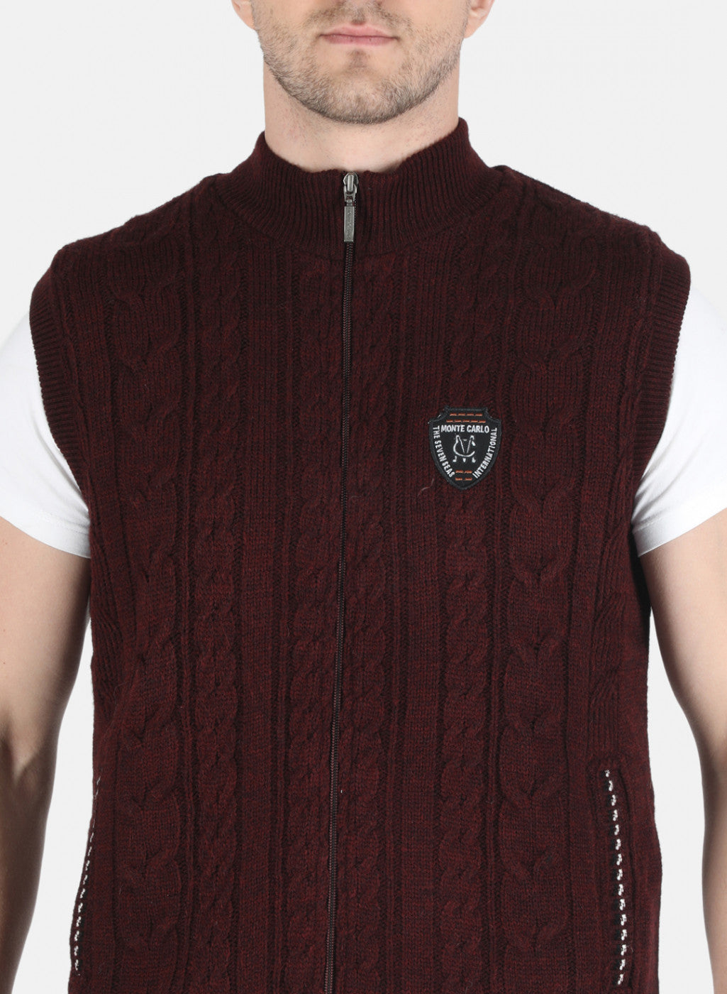 Men Maroon Self Design Jacket