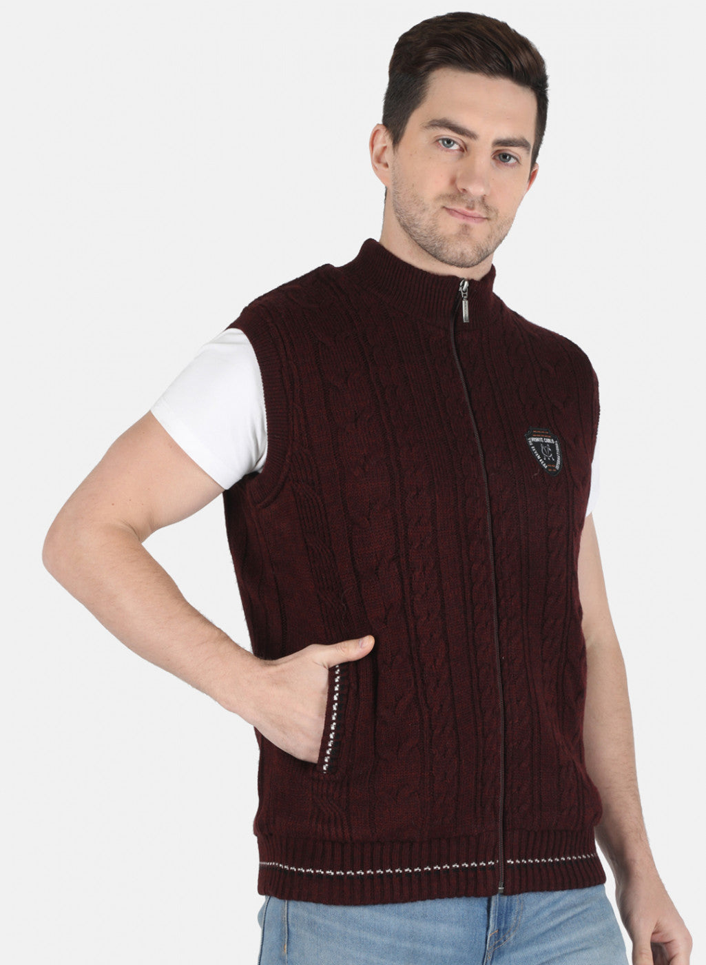 Men Maroon Self Design Jacket