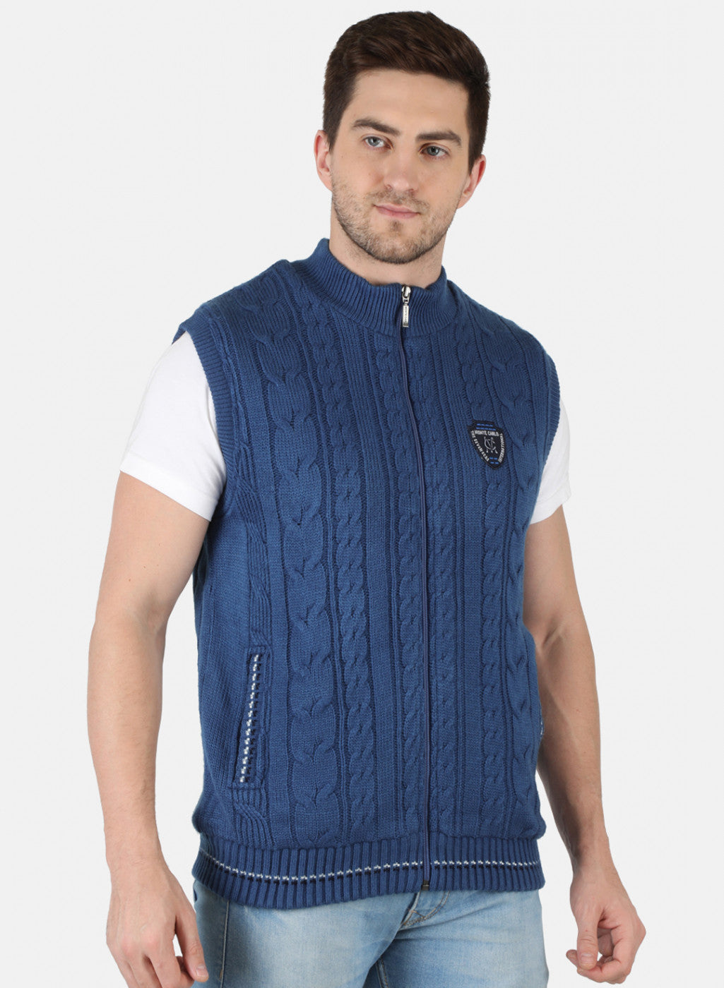 Men Blue Self Design Jacket