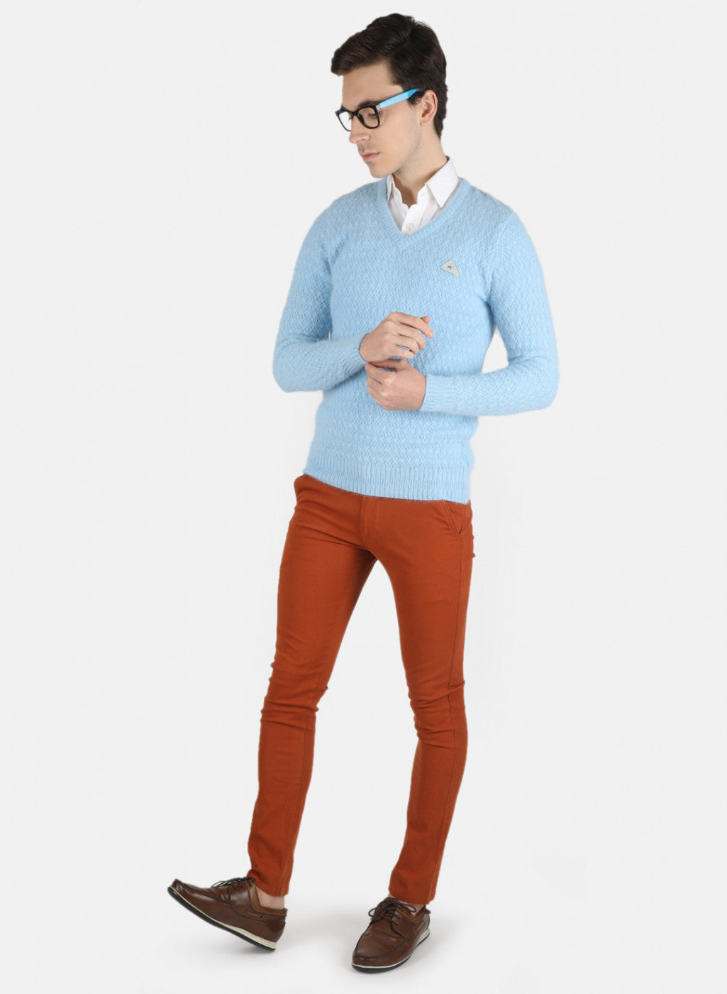 Men Sky Blue Self Design Pullover