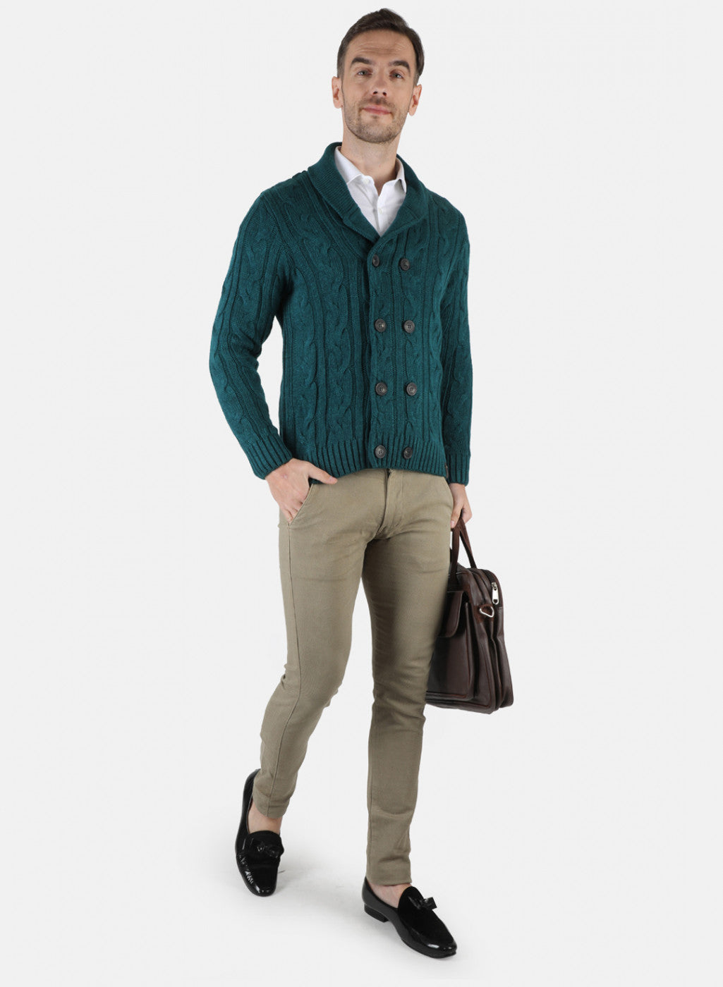 Men Green Self Design Cardigan