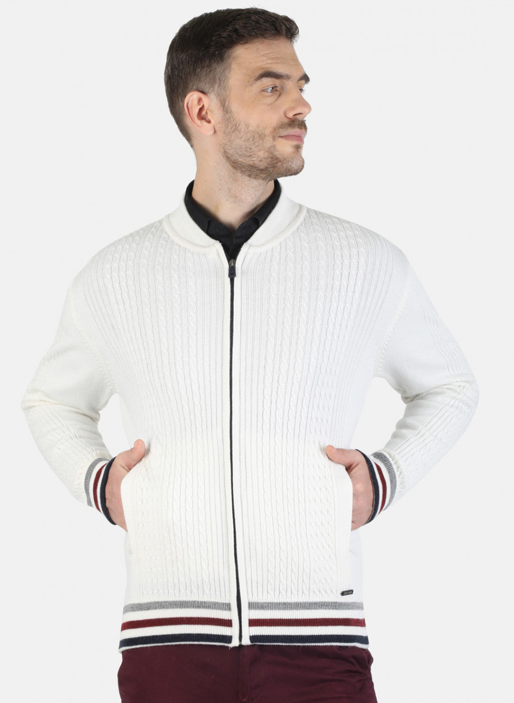 Men White Self Pullover