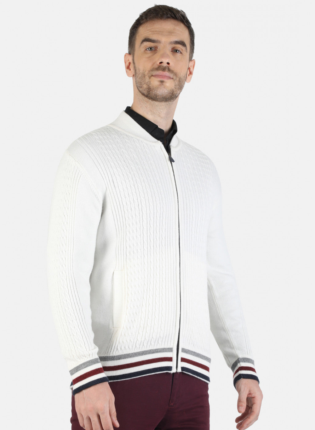 Men White Self Pullover