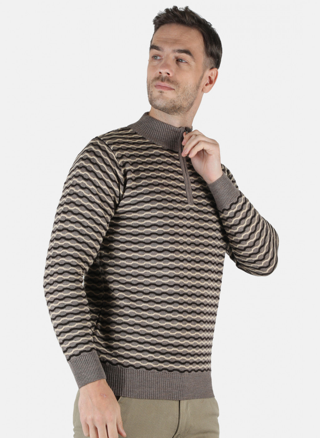 Men Brown Self Design Pullover