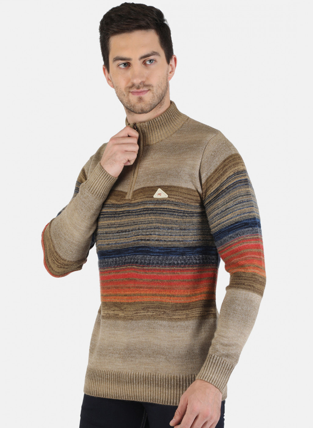 Men Beige Self Design Pullover