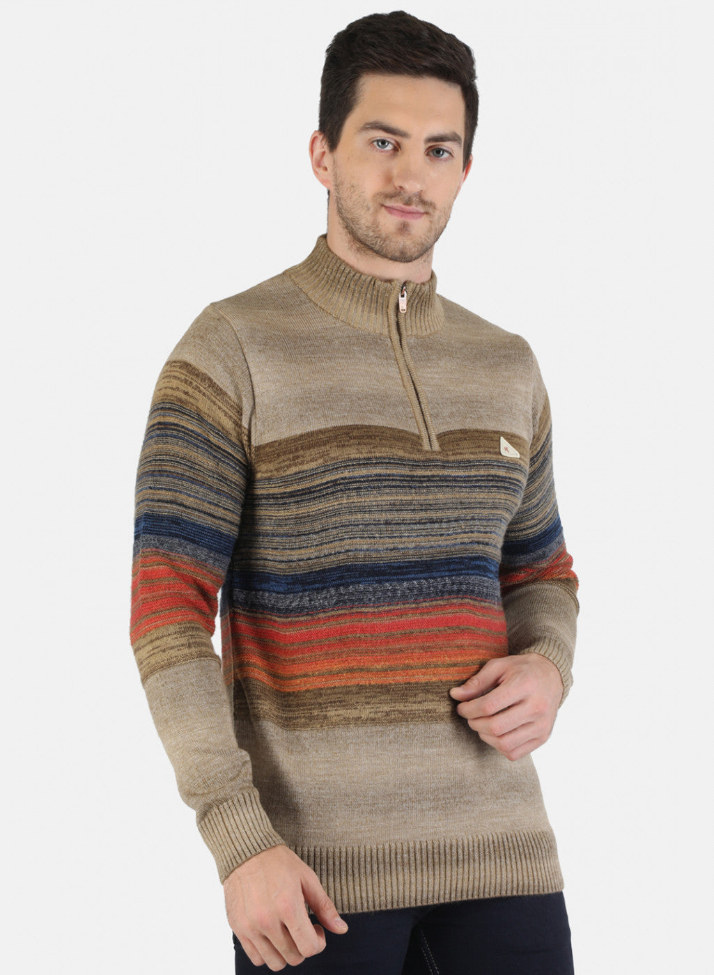 Men Beige Self Design Pullover