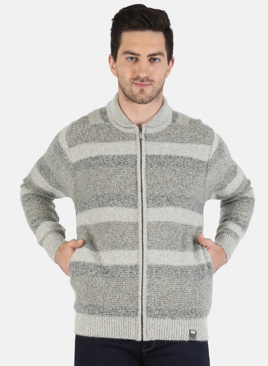 Men Beige Self Design Pullover