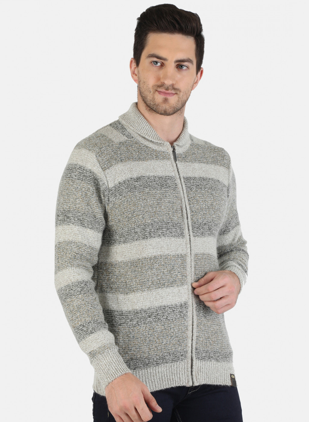 Men Beige Self Design Pullover