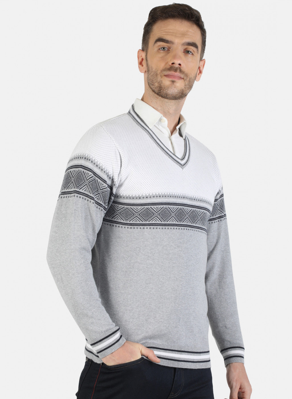 Men Grey Self Pullover