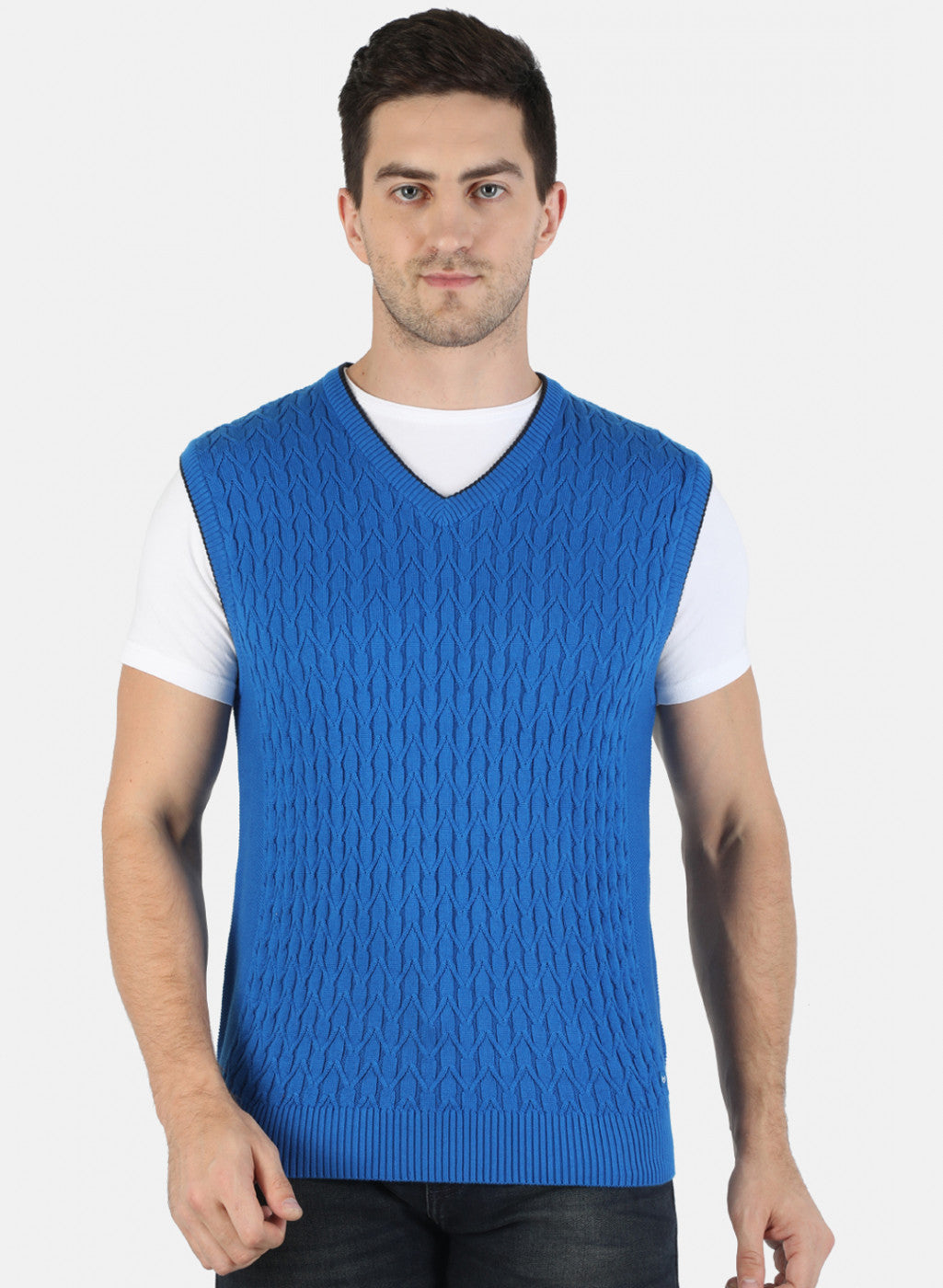 Men Blue Self Sweater