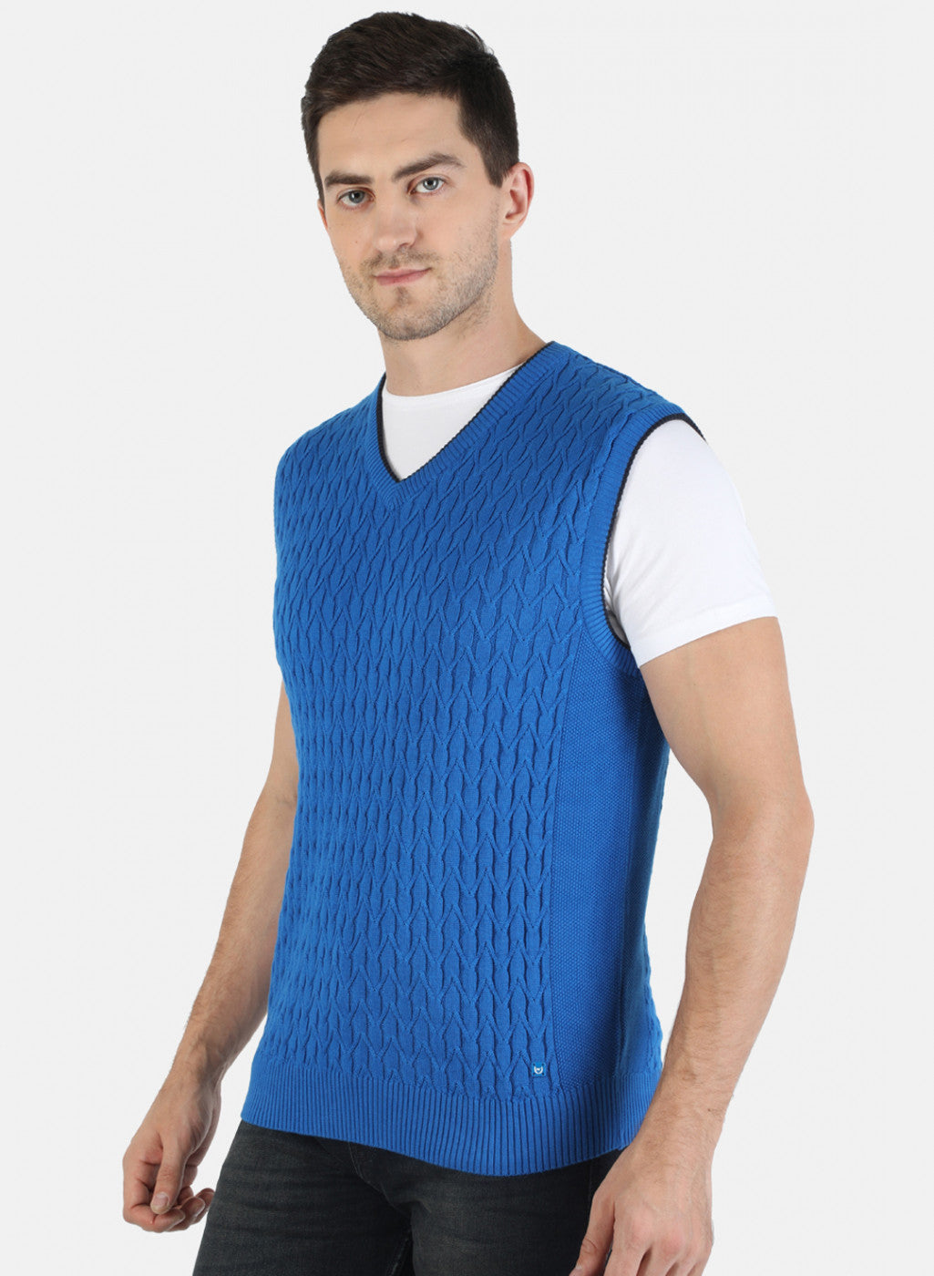 Men Blue Self Sweater