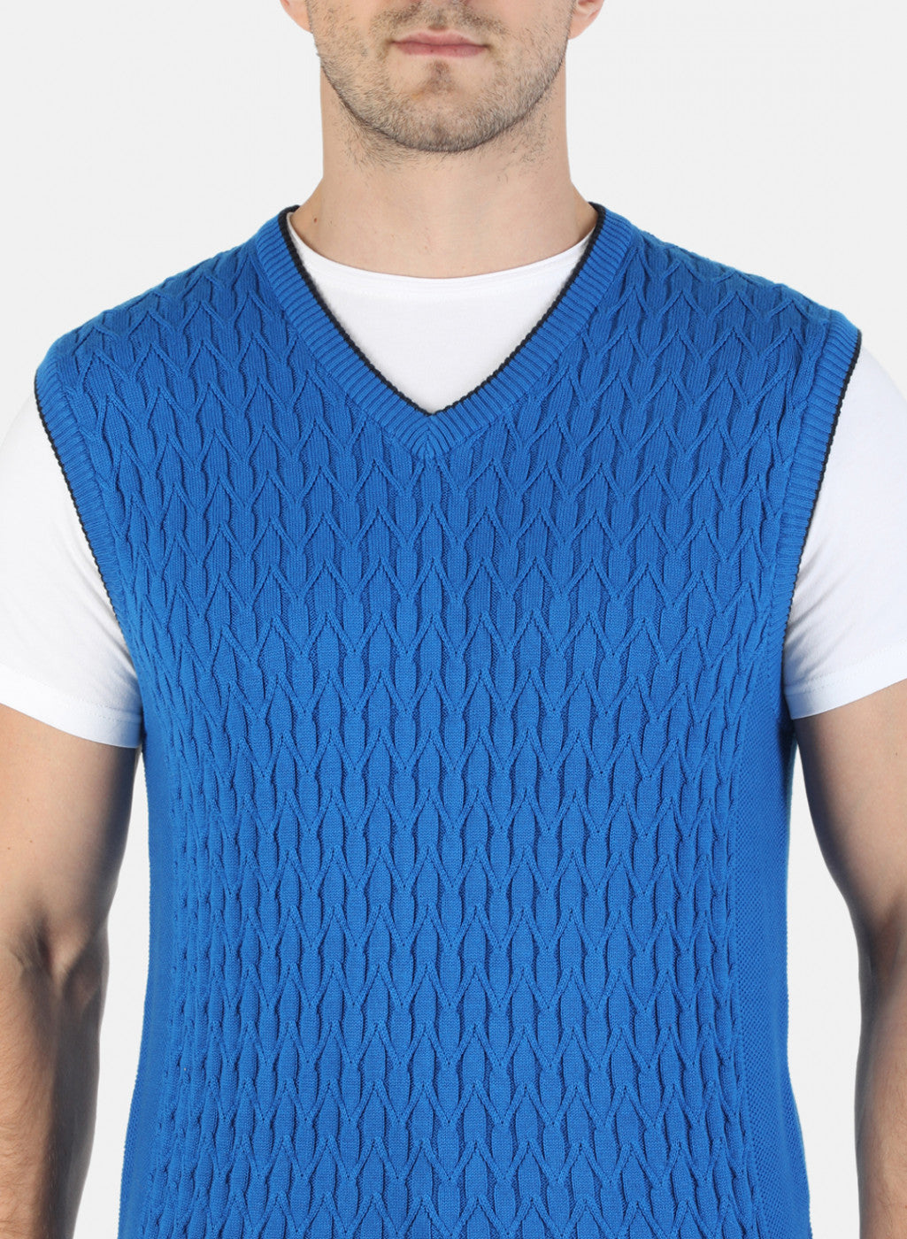 Men Blue Self Sweater