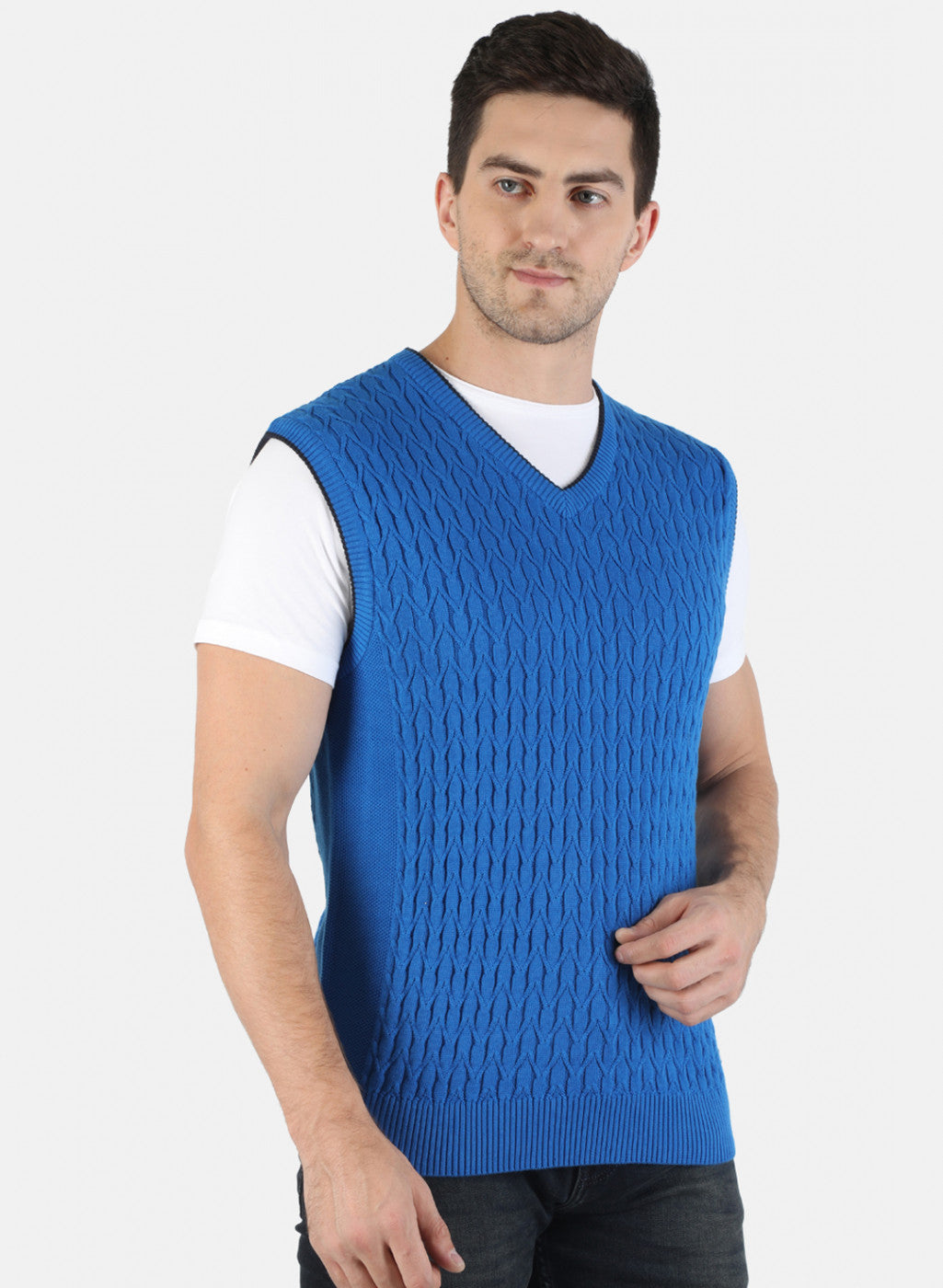 Men Blue Self Sweater