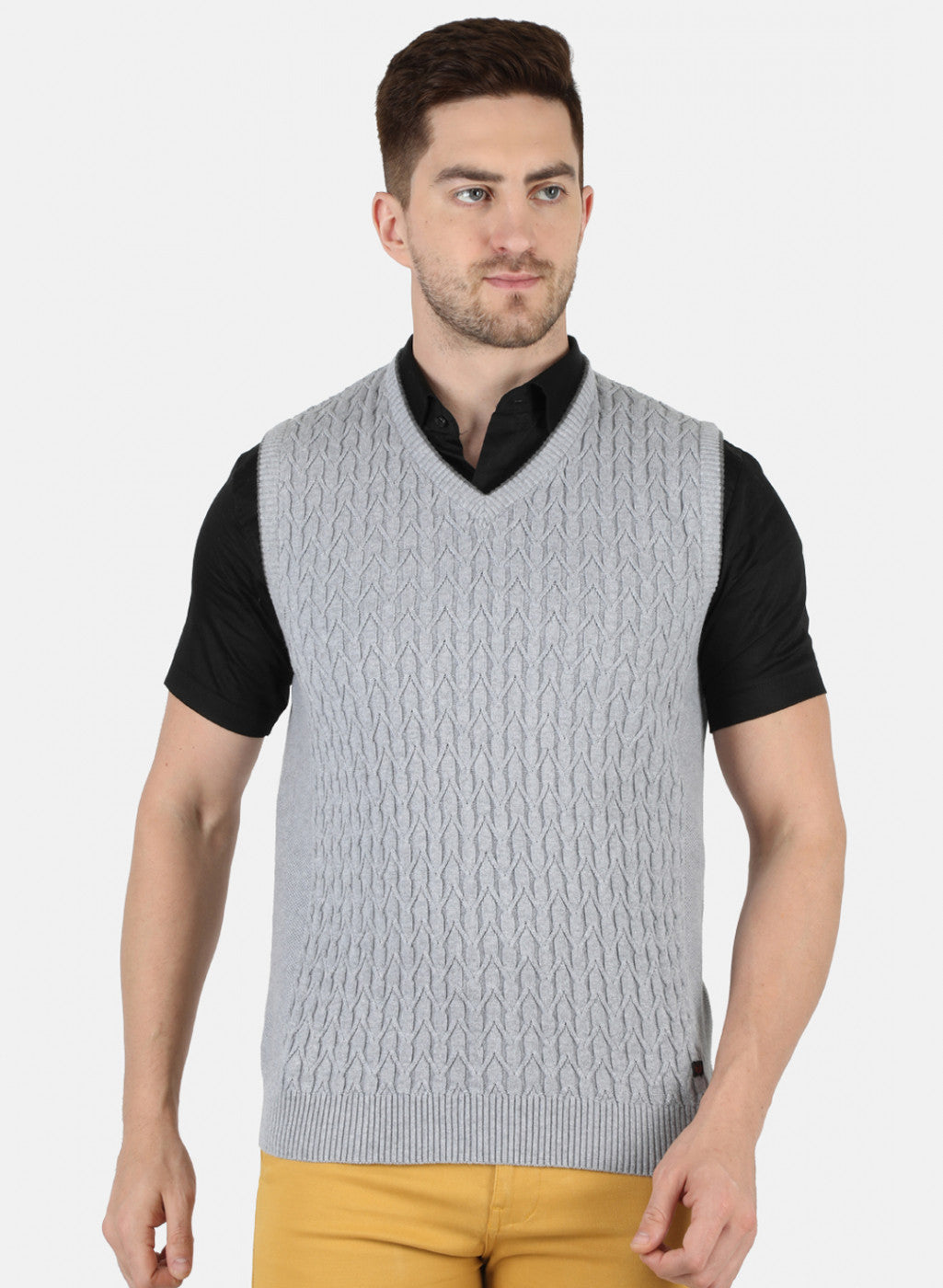 Men Grey Self Design Sweater