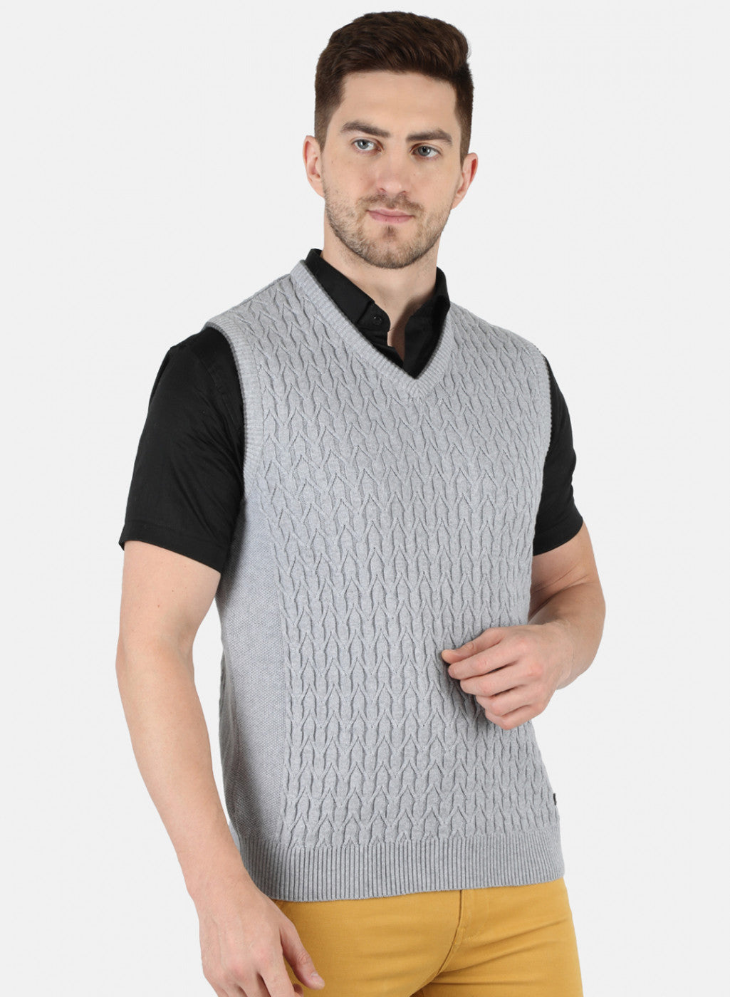 Men Grey Self Design Sweater