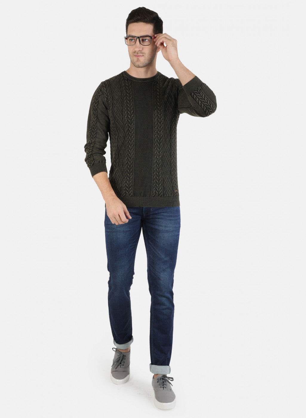 Men Olive Self Pullover